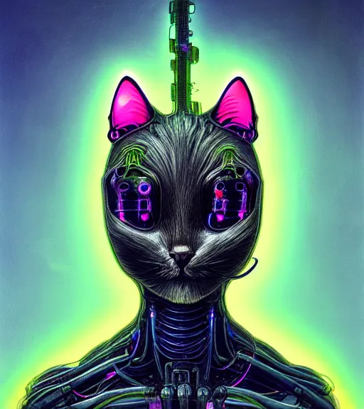 Image similar to humanoid cat cyborg with outstretched head, cartoon soft fluorescent fluffy eyes, translucent neon skin, mix styles of tsutomu nihei, video game art, battle scene, zdzisław beksinski and giger, in full growth, no blur