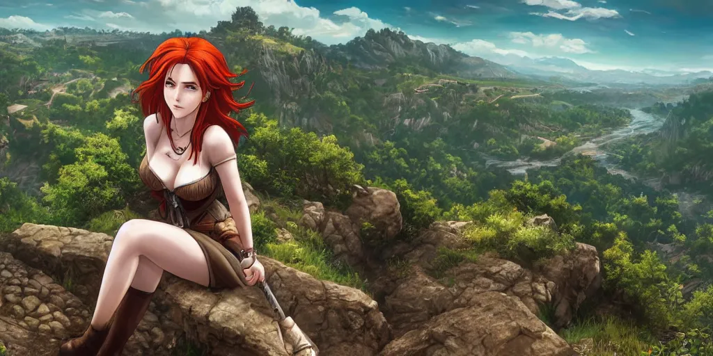 Prompt: alluring highly detailed manga line art wide-angle portrait of (1) Triss from the Witcher 3 sitting on the edge of a cliff overlooking a fantasy valley, very detailed, realistic