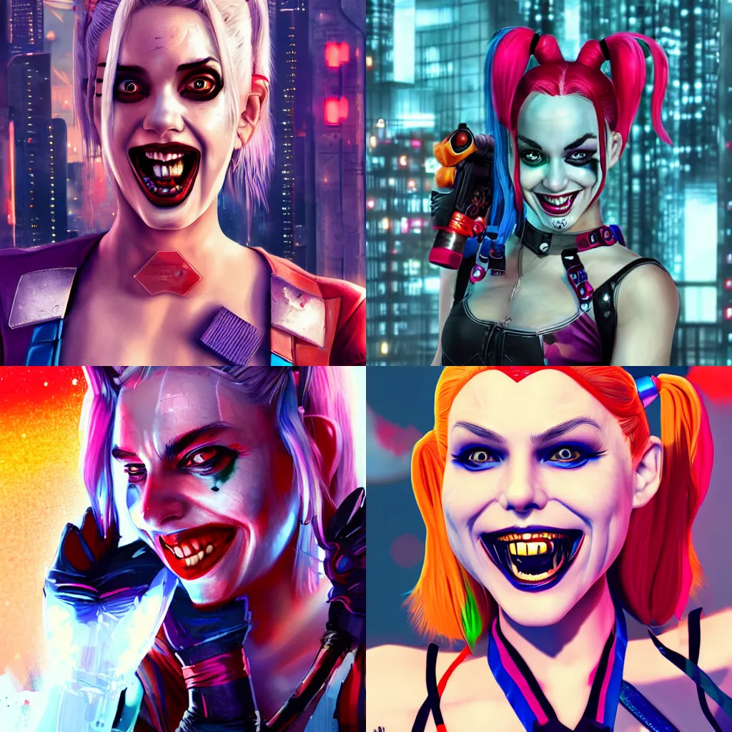 Prompt: Harley Quinn in cyberpunk clothes, smiling, closeup shot, city background, vibrant colors, 4k, artstation, artstationHD, digital art