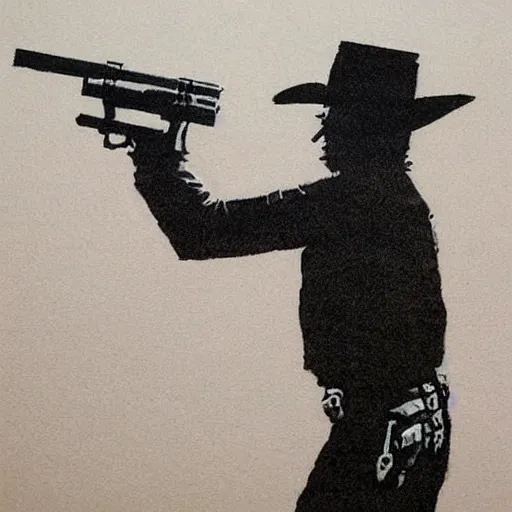 Image similar to heavily armed cowboy, drawn by banksy