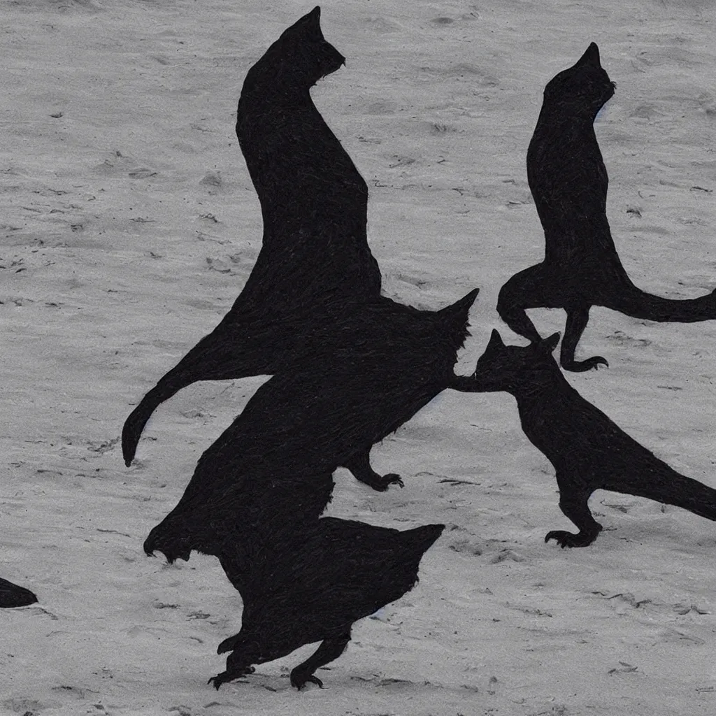 Image similar to detailed image of death walking with a black cat comforting a raven on the beach