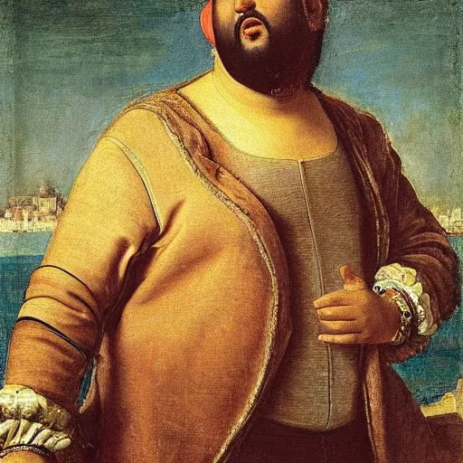 Prompt: renaissance portrait of DJ Khaled on a jetski in a river, masterpiece by Eugene de Blaas