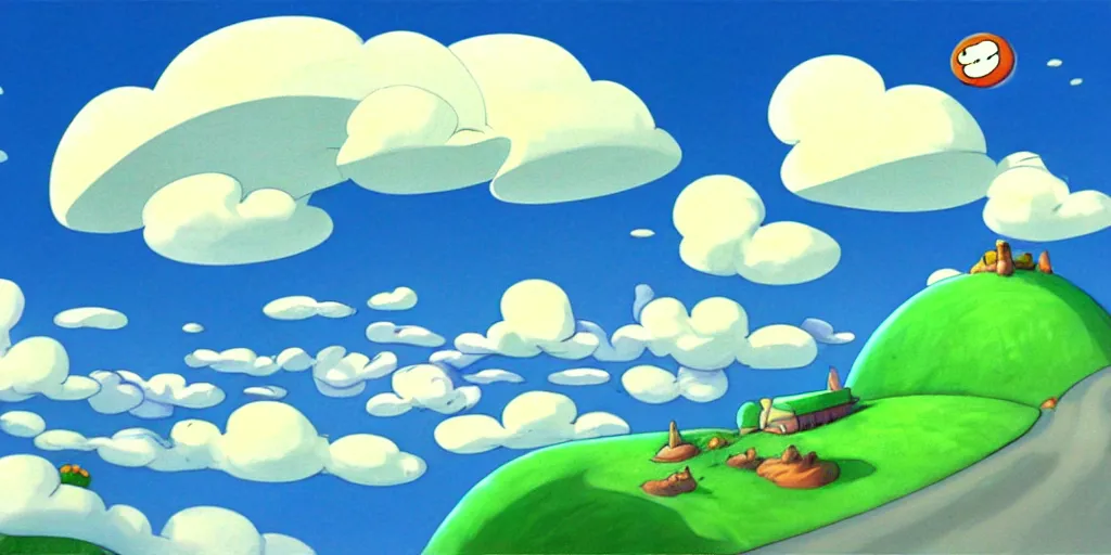 Image similar to chubby cartoon concept art, spiral clouds sky, from sam and max