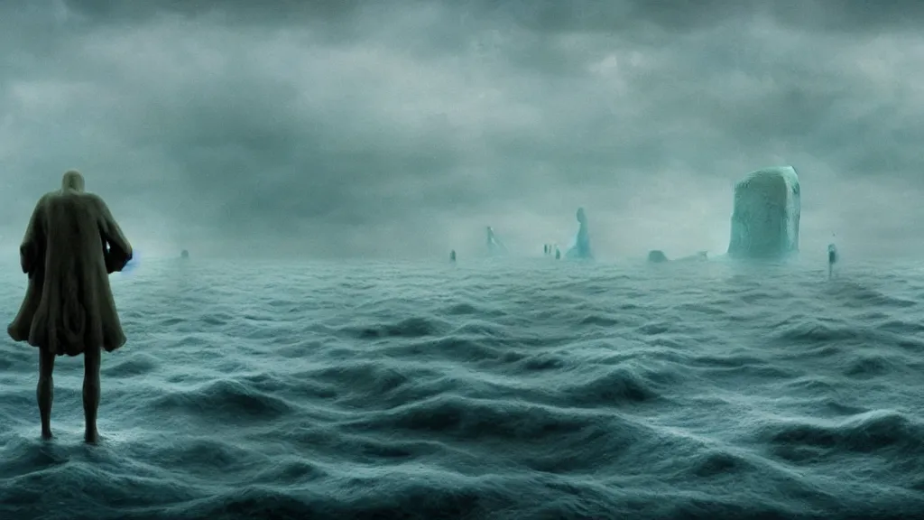 Image similar to the haunted ocean, made of milk, they fight me, film still from the movie directed by denis villeneuve and david cronenberg with art direction by salvador dali and zdzisław beksinski, wide lens