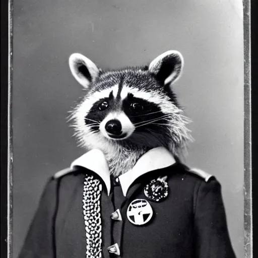 Image similar to vintage photograph of a noble raccoon, dressed in formal military costume with many medals on his chest