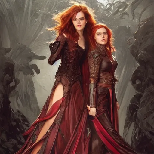 Prompt: a beautiful portrait of emma watson and scarlett johanson as a red haired vampire sorceresses, leather armor, d & d, fantasy, intricate, elegant, highly detailed, digital painting, artstation, concept art, matte, sharp focus, illustration, art by greg rutkowski and alphonse mucha