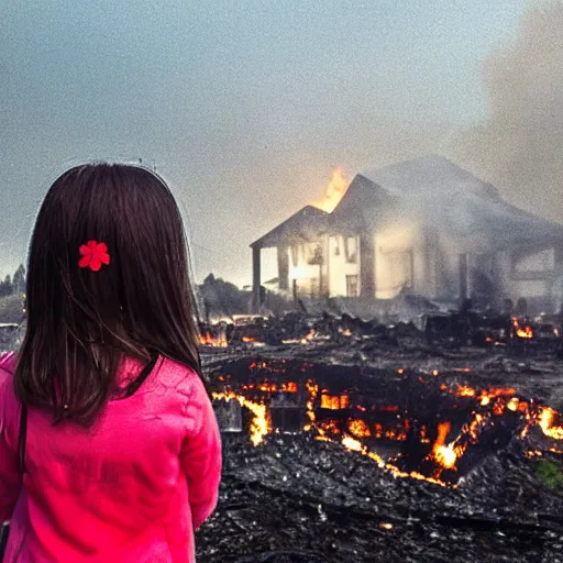 Prompt: young girl watching an old victorian house burning, the background burning houses, destroyed churches, and red ribbons fly into the black sky