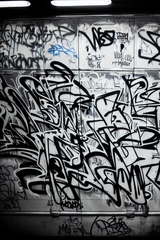 Image similar to subway cabin inside all in graffiti, man in stussy jacket closeup writing graffiti, night, film photography, exposed b & w photography, christopher morris photography