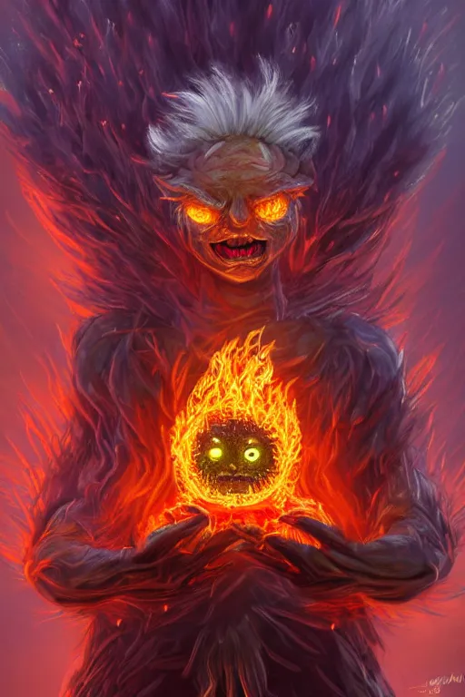 Prompt: a glowing humanoid figure dandelion monster with large glowing eyes, surrounded by fire, highly detailed, digital art, sharp focus, trending on art station, artichoke, anime art style