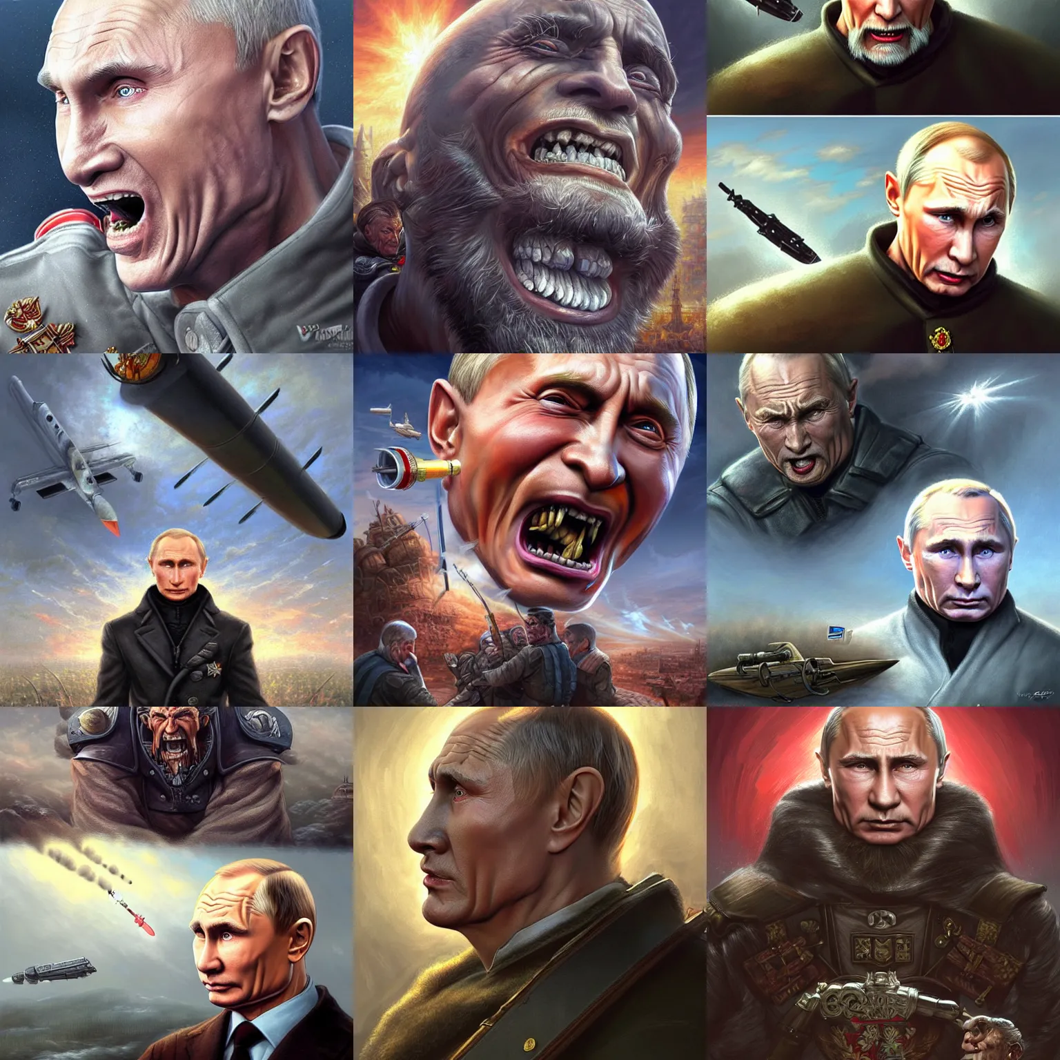 Prompt: very old and angry vladimir putin with cruise missiles instead of his teeth, very detailed. artwork by artgerm, wide angle, fantasy, highly detailed, digital painting, artstation, smooth, sharp focus, art by thomas kinkade and h. r. giger and tyler edlin