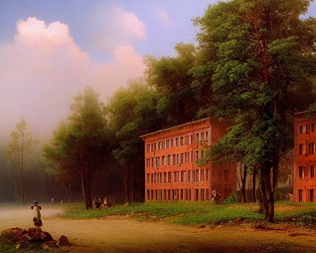 Prompt: beautiful matte painting of cute soviet block of flats hrushevka in end of forest by ivan shishkin and aivazovsky