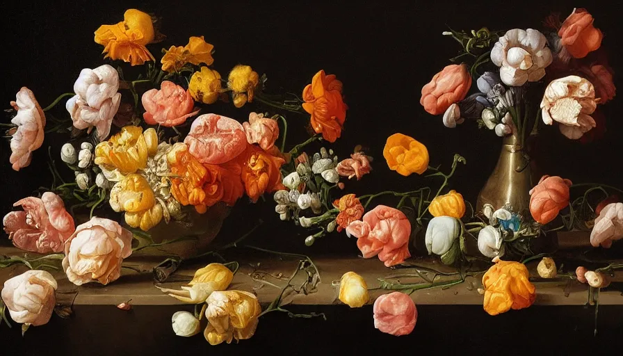 Prompt: beautiful disturbing dutch golden age bizarre floral still life with toes sprouting up everywhere by rachel ruysch black background chiaroscuro beautiful dramatic lighting perfect composition high definition 8 k 1 0 8 0 p