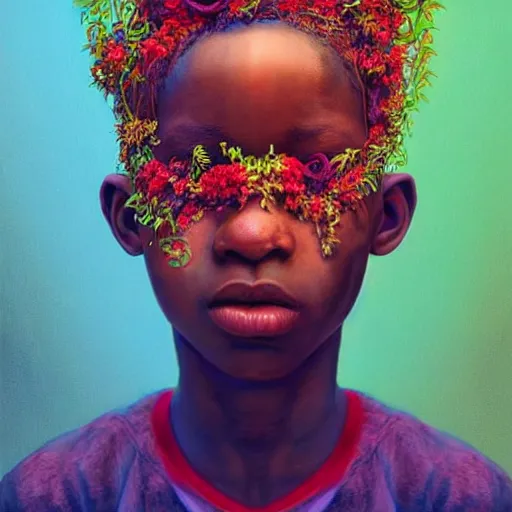 Image similar to colourful vfx art - portrait of nigerian boy wrapped in flowers & vines, art by zdzisaw beksinski & james jean, volumetric light, ray tracing, sharp, detailed, digital painting, illustration, highly detailed, intricate detail, unreal engine, octane render, global light, pinterest, behance, art station,