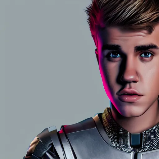 Prompt: A hyper real comic book style portait painting of Justin Bieber as a robot, unreal 5, hyperrealistic, octane render, cosplay, RPG portrait, dynamic lighting