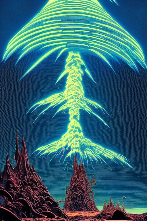 Image similar to artwork by kilian eng and toshi yoshida and franklin booth showing a futuristic powerstation!! in front of a ( ( erupting volcano ) ), vintage scifi, high details, dramatic lightning,, 8 k