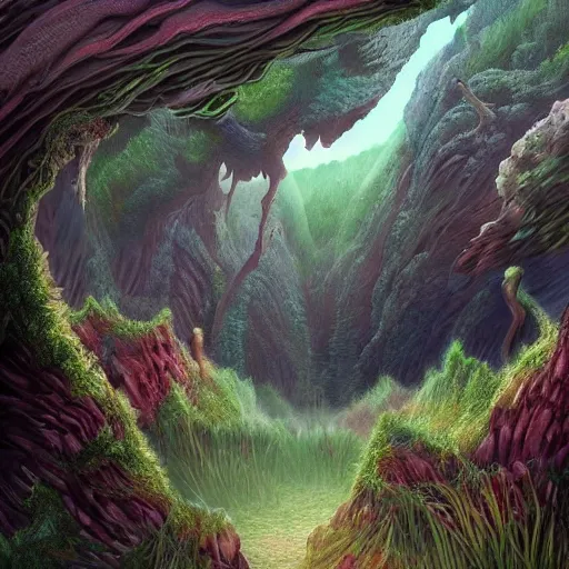 Prompt: large landscapes from another world, beautiful depiction, very detailed and weird fauna, enhance lighting