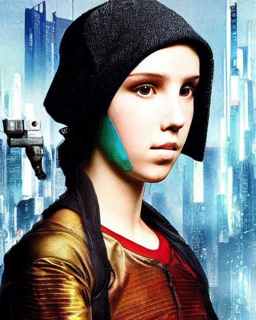 Prompt: cyberpunk millie bobby brown by leonardo da vinci