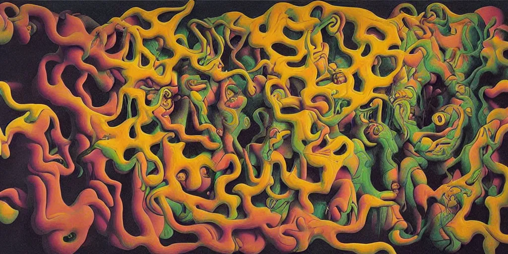 Image similar to basilisk, pain, pleasure, suffering, adventure, ( ( ( psychedelic dripping color ) ) ) love, abstract oil painting by mc escher and salvador dali gottfried helnwein