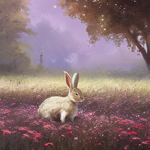 Image similar to a rabbit in a field of beautiful flowers, by stanley lau and greg rutkowski