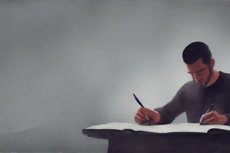 Prompt: a watercolor painting of a man writing in a large leather notebook in a foggy room by jama jurabaev, cinematic shot, trending on artstation, high quality