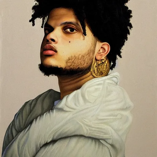 Prompt: a portrait painting of smokepurpp by giovanni bellini