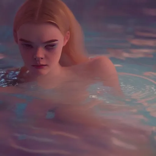 Prompt: silhouette of Elle Fanning submerged in a pool, stormy weather, extremely detailed masterpiece, oil on canvas, low-key neon lighting, artstation, Blade Runner 2049, Roger Deakin’s cinematography, by J. C. Leyendecker and Peter Paul Rubens,