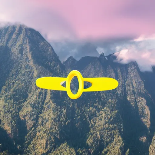 Image similar to a yellow spaceship shaped like an infinity symbol flying over a pink mountain range