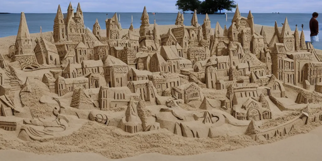 Prompt: photograph of a sand sculpture of a massive detailed medieval town at the beach