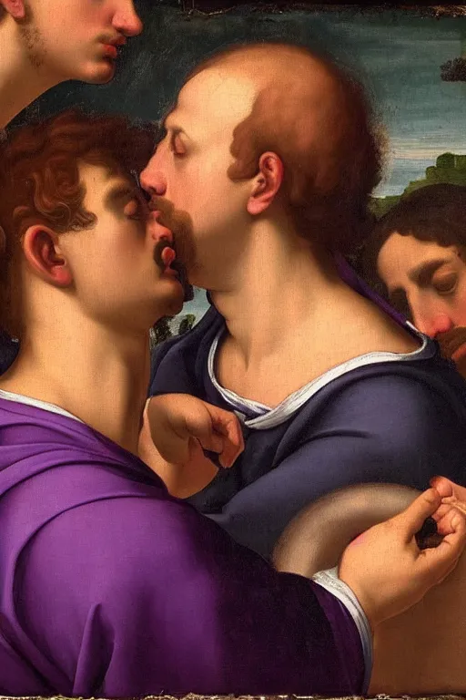 Image similar to renaissance painting of men, portrait, gossip face closeup, emotions closeup, dressed in roman clothes, the beautiful garden with lavender bush everywhere, ultra detailed, art by guido reni style, vincenzo catena style