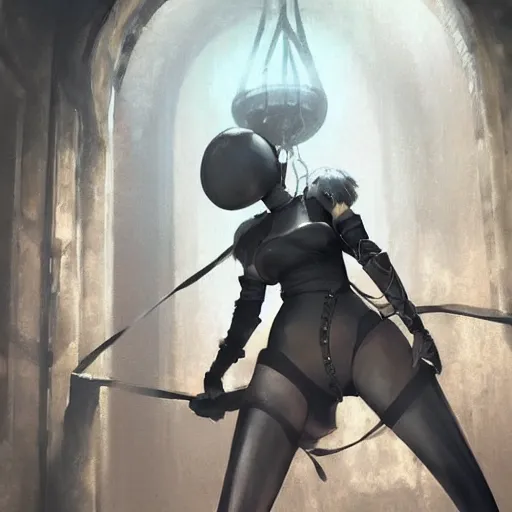 Image similar to a painting of 2 b nier automata tied up in a dungeon, full view, popular on artstation, artstationhd, artstationhq 8 k, volumetric lighting, trending on artstation, artstationhd, artstationhq, ultra detailed, detailed face, by artgerm and james gurney, greg rutkowski