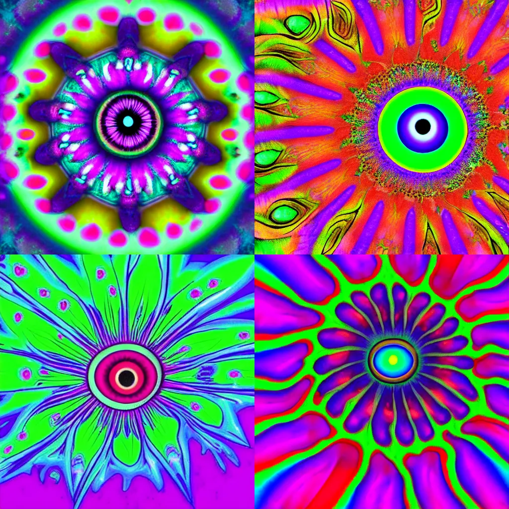 Prompt: Psychadelic eye flower tripping on LSD, extreme colors, Freaky eyeball sees all