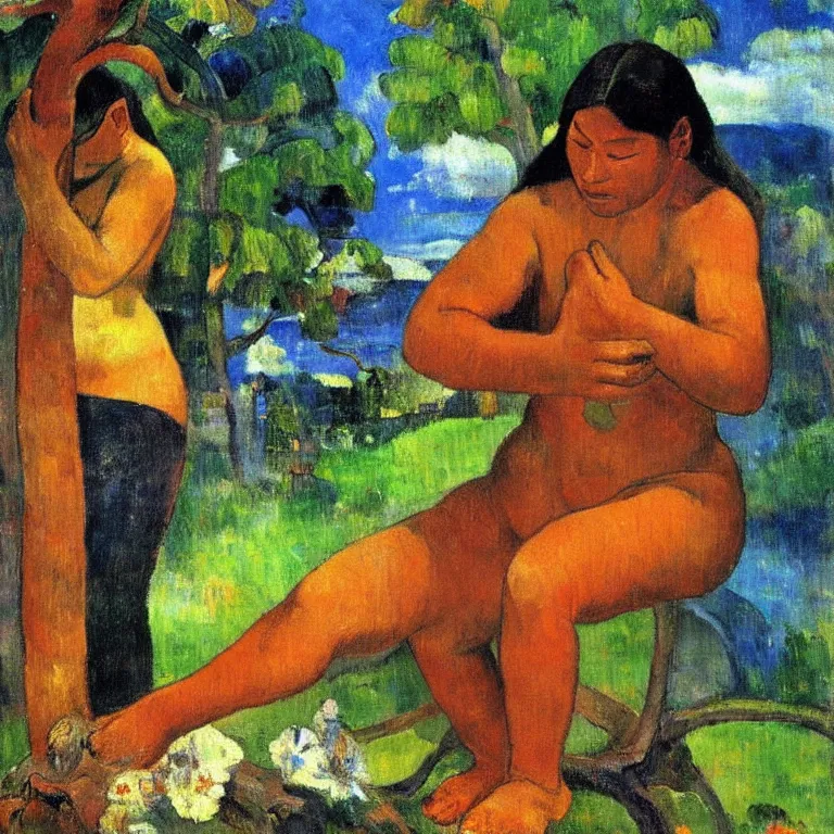 Image similar to Woman from Tahiti sculpting the god of love from a tree trunk. Painting by Gauguin