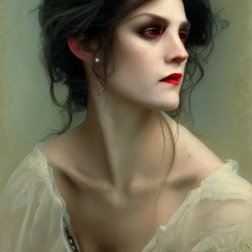 Prompt: portrait of a lady vampire, 35mm, 1800s, rim light, depth of field, DOF, ominous, sharp, highly detailed, photorealistic, realistic, unreal 5, high definition, 8k, deviantart, donato giancola, irwin penn, Alphonse Mucha