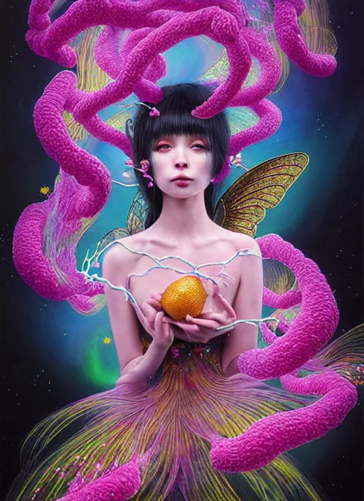 Prompt: hyper detailed 3d render like a Oil painting - kawaii action portrait Aurora (black haired flying winged Fae queen) seen Eating of the Strangling network of yellowcake aerochrome and milky Fruit and Her delicate Hands hold of gossamer polyp blossoms bring iridescent fungal flowers whose spores black the foolish stars by Jacek Yerka, Mariusz Lewandowski, Houdini algorithmic generative render, Abstract brush strokes, Masterpiece, Edward Hopper and James Gilleard, Zdzislaw Beksinski, Mark Ryden, Wolfgang Lettl, hints of Yayoi Kasuma, octane render, 8k