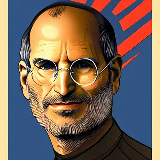 Image similar to Steve Jobs depicted in an old style propaganda poster
