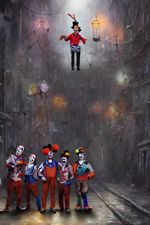 Image similar to a group of men dressed as clowns standing in front of a tv screen in a dark foggy alley, highly detailed, trending on artstation