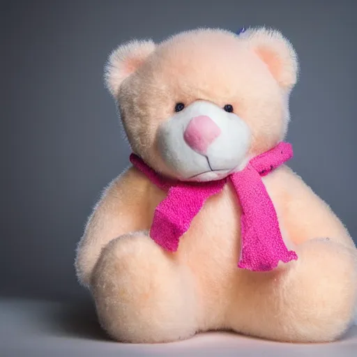 Image similar to pink fluffy teddy bear holding machine gun, with scars, studio lighting, real photograph