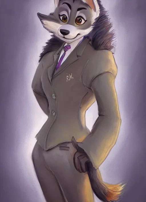 Prompt: oil painting detailed full body of anthromorphic female wolf, in style of zootopia, zootopia, zootopia, fursona, furry, furaffinity, 4 k, deviantart, furry art, fursona art, wearing business suit, in style of zootopia, wolf fursona, cyberpunk, female, expressive, detailed feminine face,