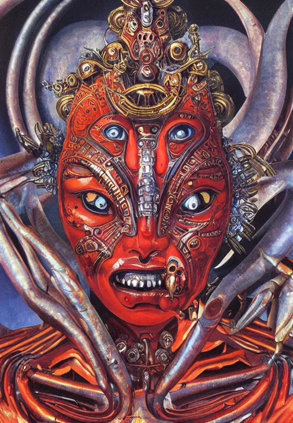 Image similar to biomechanical alien robot goddess kali, female, intense stare, sarcastic smile, symmetrical, concept art, intricate detail, volumetric shadows and lighting, realistic oil painting, 1 9 7 0 psychedelic soviet poster,