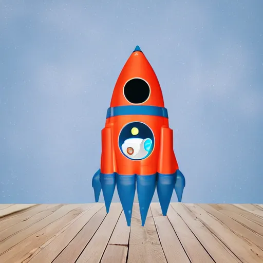 Image similar to a cute space rocket made of shiny plastic and aluminium - professional photo studio - dark bleu background - vignette