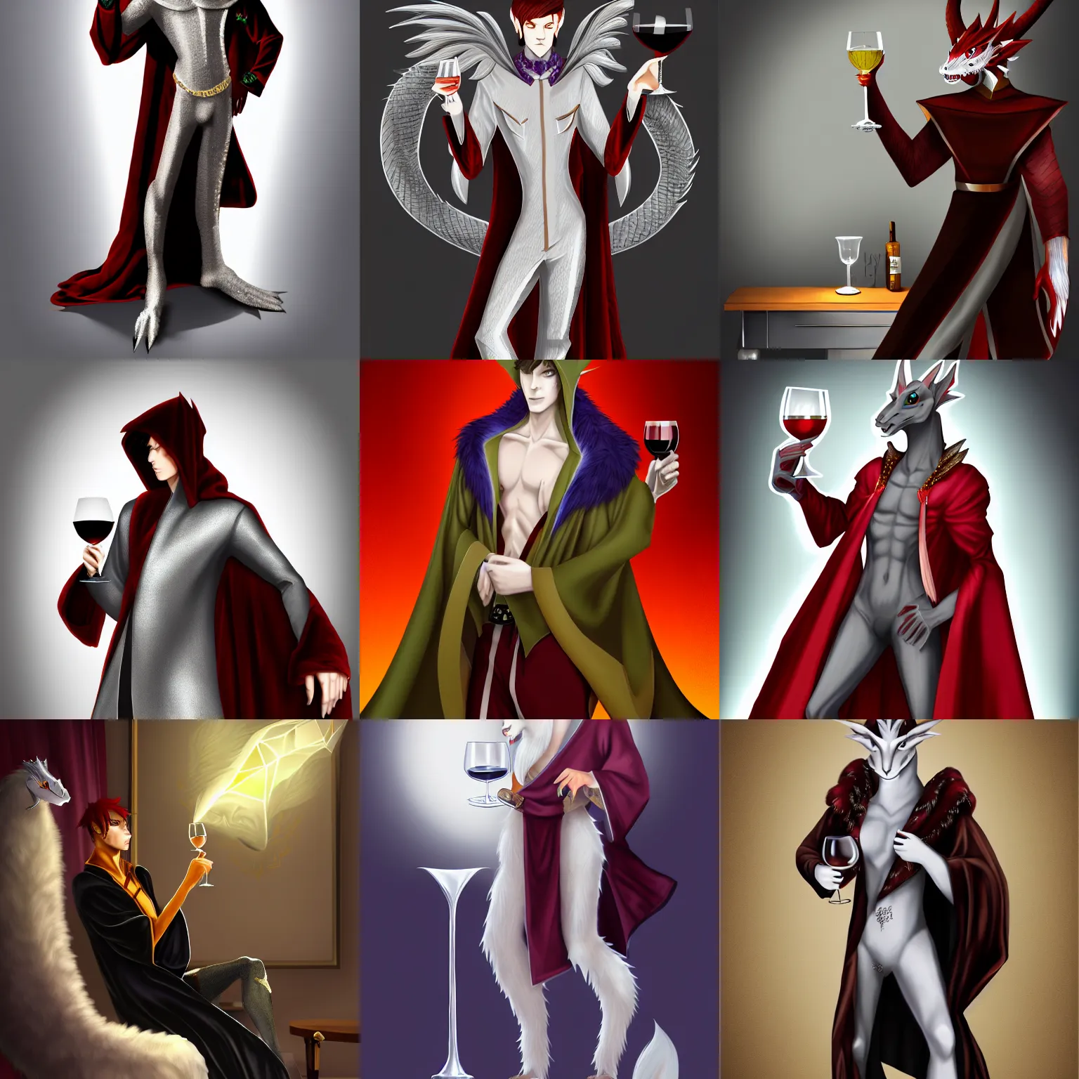 Prompt: very very beautiful young male anthro silver dragon, angular draconic features, wearing a luxurious velvet robe, holding a glass of wine, commission on furaffinity, artstation, high quality digital art