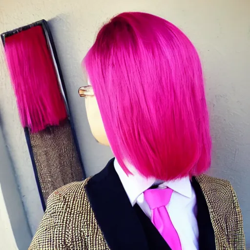 Image similar to a girl with pink hair wearing a suit and tie