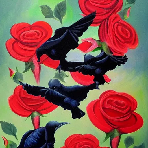 Image similar to flock of ravens in the shape of a rose. painting, oil on canvas