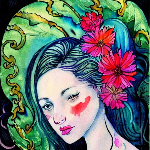 Image similar to a painting of a woman with flowers in her hair, a watercolor painting by alice mason, deviantart, psychedelic art, deviantart, detailed painting, watercolor