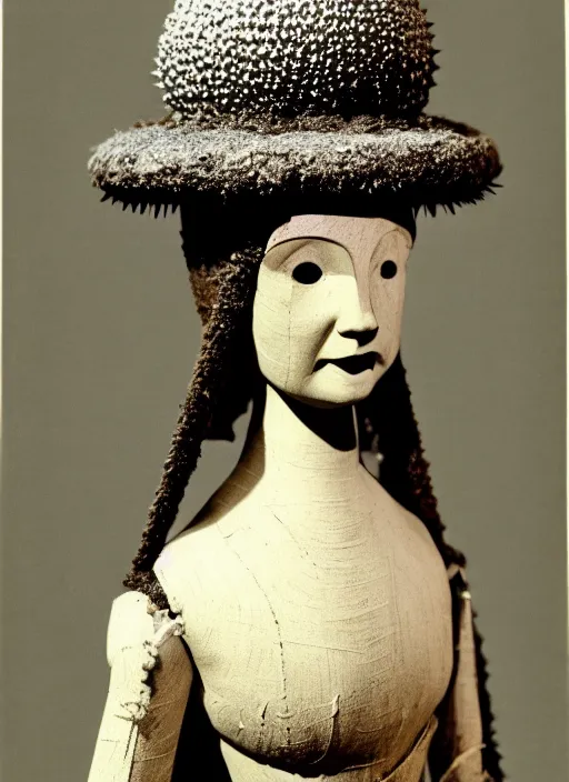 Prompt: realistic photo of a a medieval wooden girl doll sculpture dressed white spherical hat helmet, covered in spikes pattern, black brushwood, greyscale grain 1 9 6 0, life magazine photo, natural colors, metropolitan museum, kodak