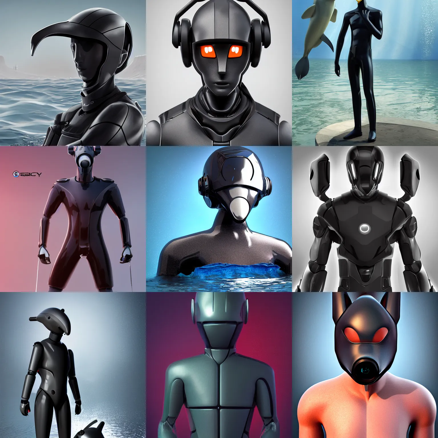 Prompt: anthro male android with a wide neck and a dolphin's head and tail, sleek waterproof design, dark opaque visor over top of face, standing next to water, commission on furaffinity, cgsociety, octane render