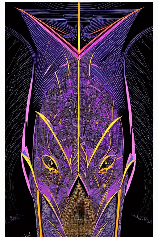 Image similar to portrait of black and psychedelic straight lines poster art by dan mumford, moebius, goblinko, richard corben, wayne barlowe, heavy metal comic cover art, psychedelic triangular skeleton, very intricate, thick outline, full body, symmetrical face, long black crown, in a shapes background, galactic dark colors