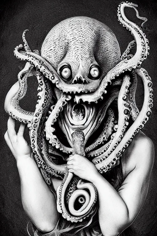 Prompt: a spectacular wideangle portrait of a screaming scary rococo queen with a octopus head, award winning photography