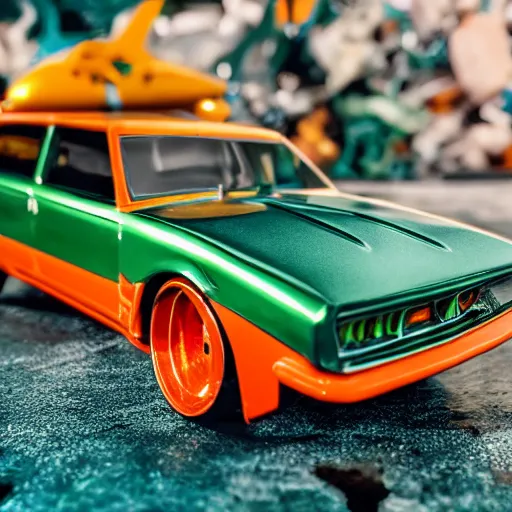 Image similar to 3 5 mm photo of metallic green and orange aquaman car like hot wheels model with a atlantis as background, epic cinematic, epic lighting
