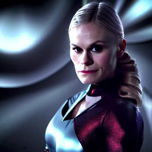 Image similar to anna paquin as a super villain, 4 k, cinematic, action scene, soft light